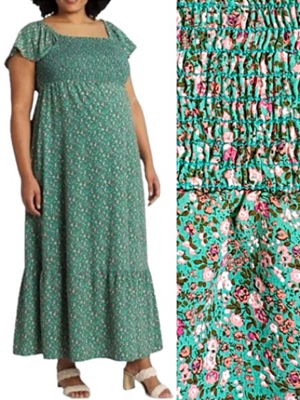Kaileigh Ditsy Floral Flutter Sleeve Babydoll Sundress Size 2X Green Maxi Dress